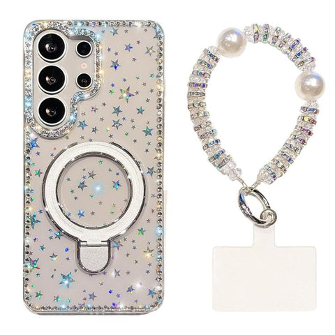 Double-Sided IMD Rhinestone Magnetic Holder Shockproof Phone Case With Bracelet, For Samsung Galaxy S24 5G, For Samsung Galaxy S23 Ultra 5G