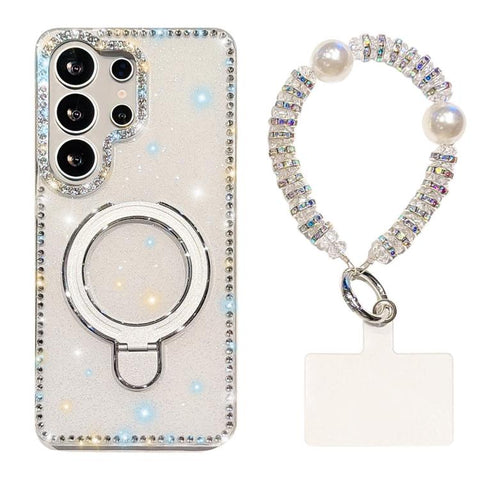 Double-Sided IMD Rhinestone Magnetic Holder Shockproof Phone Case With Bracelet, For Samsung Galaxy S24 5G, For Samsung Galaxy S23 Ultra 5G