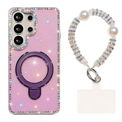 Double-Sided IMD Rhinestone Magnetic Holder Shockproof Phone Case With Bracelet, For Samsung Galaxy S24 5G, For Samsung Galaxy S23 Ultra 5G
