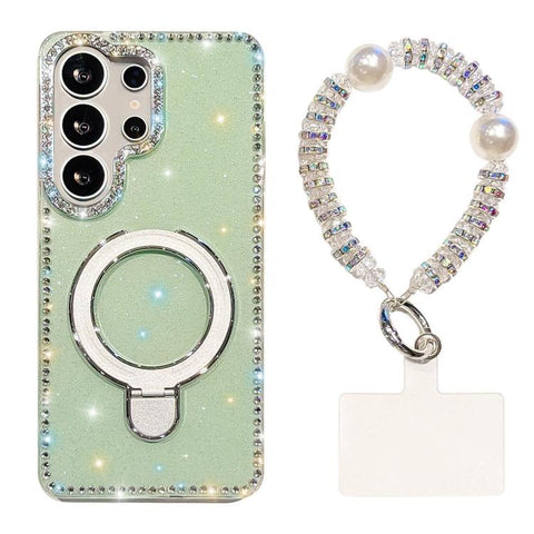 Double-Sided IMD Rhinestone Magnetic Holder Shockproof Phone Case With Bracelet, For Samsung Galaxy S24 5G, For Samsung Galaxy S23 Ultra 5G