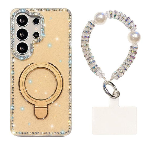 Double-Sided IMD Rhinestone Magnetic Holder Shockproof Phone Case With Bracelet, For Samsung Galaxy S24 5G, For Samsung Galaxy S23 Ultra 5G