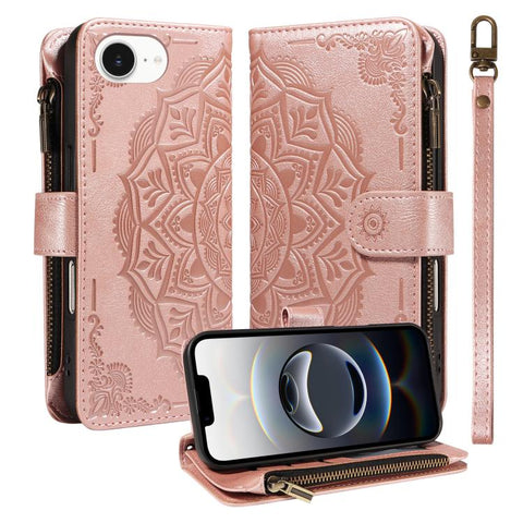 Mandala Embossed 9-Card Zipper RFID Vegan Leather Phone Case with Short Lanyard, For iPhone 18 Pro / 17 Pro, For iPhone 18 Pro Max / 17 Pro Max, For iPhone 17e / 16e, For iPhone 17, For iPhone Air, For iPhone 16 Pro Max, For iPhone 16 Pro              ...