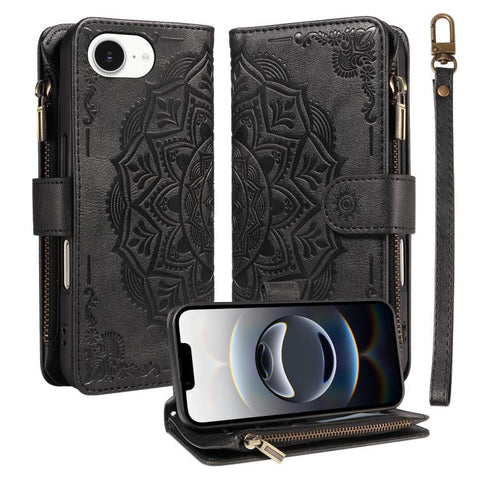 Mandala Embossed 9-Card Zipper RFID Vegan Leather Phone Case with Short Lanyard, For iPhone 18 Pro / 17 Pro, For iPhone 18 Pro Max / 17 Pro Max, For iPhone 17e / 16e, For iPhone 17, For iPhone Air, For iPhone 16 Pro Max, For iPhone 16 Pro              ...