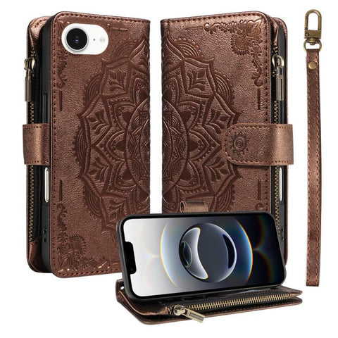 Mandala Embossed 9-Card Zipper RFID Vegan Leather Phone Case with Short Lanyard, For iPhone 18 Pro / 17 Pro, For iPhone 18 Pro Max / 17 Pro Max, For iPhone 17e / 16e, For iPhone 17, For iPhone Air, For iPhone 16 Pro Max, For iPhone 16 Pro              ...