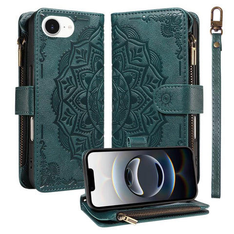 Mandala Embossed 9-Card Zipper RFID Vegan Leather Phone Case with Short Lanyard, For iPhone 18 Pro / 17 Pro, For iPhone 18 Pro Max / 17 Pro Max, For iPhone 17e / 16e, For iPhone 17, For iPhone Air, For iPhone 16 Pro Max, For iPhone 16 Pro              ...