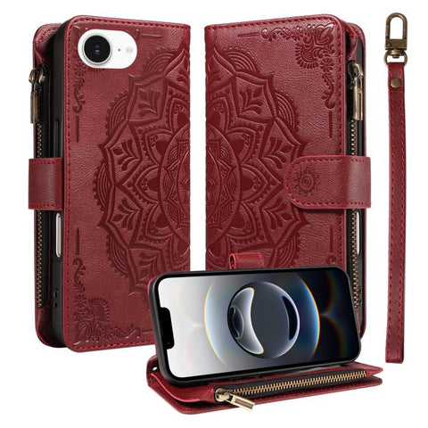 Mandala Embossed 9-Card Zipper RFID Vegan Leather Phone Case with Short Lanyard, For iPhone 18 Pro / 17 Pro, For iPhone 18 Pro Max / 17 Pro Max, For iPhone 17e / 16e, For iPhone 17, For iPhone Air, For iPhone 16 Pro Max, For iPhone 16 Pro              ...