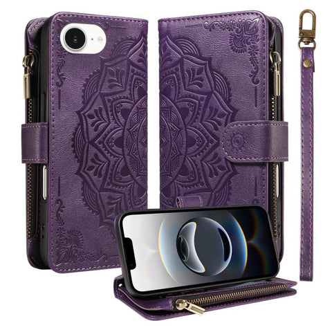 Mandala Embossed 9-Card Zipper RFID Vegan Leather Phone Case with Short Lanyard, For iPhone 18 Pro / 17 Pro, For iPhone 18 Pro Max / 17 Pro Max, For iPhone 17e / 16e, For iPhone 17, For iPhone Air, For iPhone 16 Pro Max, For iPhone 16 Pro              ...