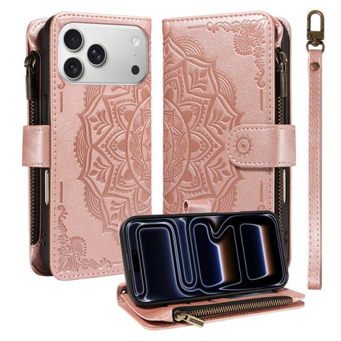 Mandala Embossed 9-Card Zipper RFID Vegan Leather Phone Case with Short Lanyard, For iPhone 18 Pro / 17 Pro, For iPhone 18 Pro Max / 17 Pro Max, For iPhone 17e / 16e, For iPhone 17, For iPhone Air, For iPhone 16 Pro Max, For iPhone 16 Pro              ...