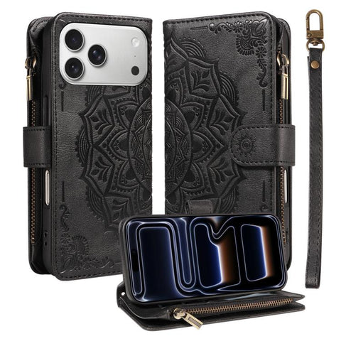 Mandala Embossed 9-Card Zipper RFID Vegan Leather Phone Case with Short Lanyard, For iPhone 18 Pro / 17 Pro, For iPhone 18 Pro Max / 17 Pro Max, For iPhone 17e / 16e, For iPhone 17, For iPhone Air, For iPhone 16 Pro Max, For iPhone 16 Pro              ...