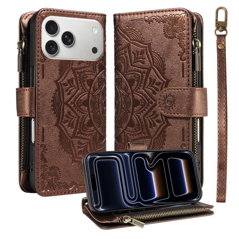 Mandala Embossed 9-Card Zipper RFID Vegan Leather Phone Case with Short Lanyard, For iPhone 18 Pro / 17 Pro, For iPhone 18 Pro Max / 17 Pro Max, For iPhone 17e / 16e, For iPhone 17, For iPhone Air, For iPhone 16 Pro Max, For iPhone 16 Pro              ...