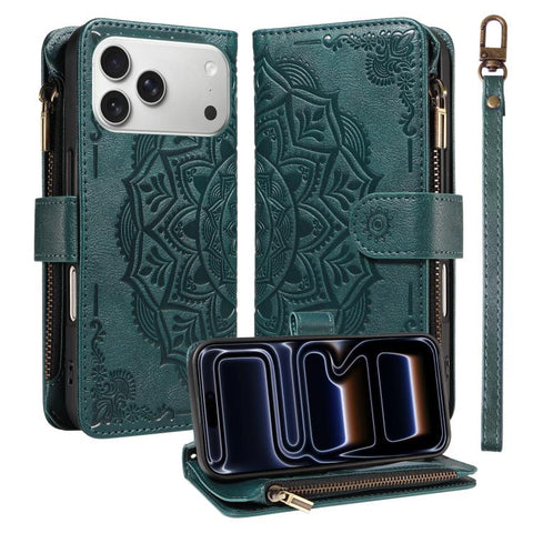 Mandala Embossed 9-Card Zipper RFID Vegan Leather Phone Case with Short Lanyard, For iPhone 18 Pro / 17 Pro, For iPhone 18 Pro Max / 17 Pro Max, For iPhone 17e / 16e, For iPhone 17, For iPhone Air, For iPhone 16 Pro Max, For iPhone 16 Pro              ...