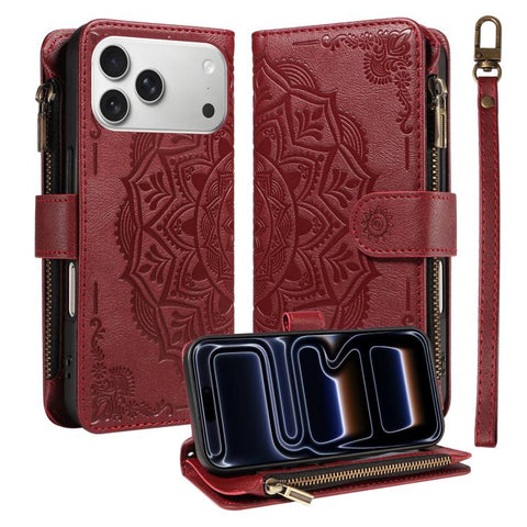 Mandala Embossed 9-Card Zipper RFID Vegan Leather Phone Case with Short Lanyard, For iPhone 18 Pro / 17 Pro, For iPhone 18 Pro Max / 17 Pro Max, For iPhone 17e / 16e, For iPhone 17, For iPhone Air, For iPhone 16 Pro Max, For iPhone 16 Pro              ...