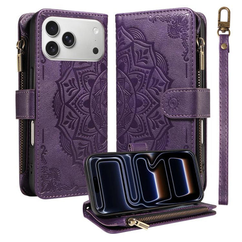 Mandala Embossed 9-Card Zipper RFID Vegan Leather Phone Case with Short Lanyard, For iPhone 18 Pro / 17 Pro, For iPhone 18 Pro Max / 17 Pro Max, For iPhone 17e / 16e, For iPhone 17, For iPhone Air, For iPhone 16 Pro Max, For iPhone 16 Pro              ...