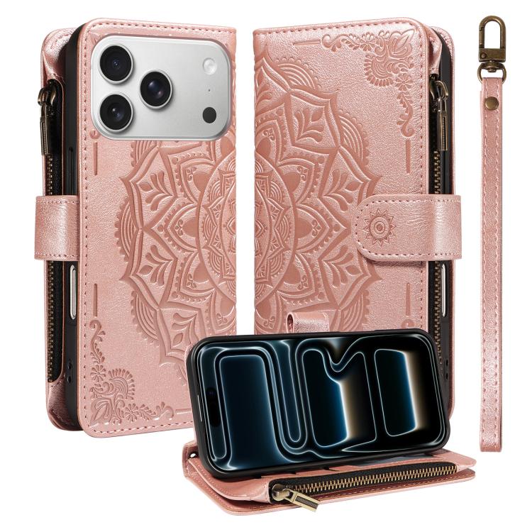 Mandala Embossed 9-Card Zipper RFID Vegan Leather Phone Case with Short Lanyard, For iPhone 18 Pro / 17 Pro, For iPhone 18 Pro Max / 17 Pro Max, For iPhone 17e / 16e, For iPhone 17, For iPhone Air, For iPhone 16 Pro Max, For iPhone 16 Pro              ...