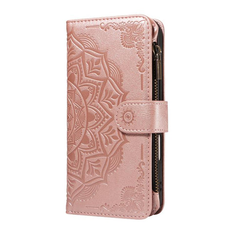 Mandala Embossed 9-Card Zipper RFID Vegan Leather Phone Case with Short Lanyard, For iPhone 18 Pro / 17 Pro, For iPhone 18 Pro Max / 17 Pro Max, For iPhone 17e / 16e, For iPhone 17, For iPhone Air, For iPhone 16 Pro Max, For iPhone 16 Pro              ...