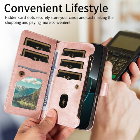 Mandala Embossed 9-Card Zipper RFID Vegan Leather Phone Case with Short Lanyard, For iPhone 18 Pro / 17 Pro, For iPhone 18 Pro Max / 17 Pro Max, For iPhone 17e / 16e, For iPhone 17, For iPhone Air, For iPhone 16 Pro Max, For iPhone 16 Pro              ...