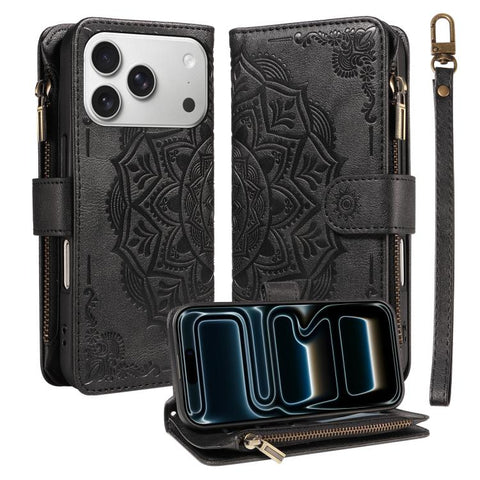 Mandala Embossed 9-Card Zipper RFID Vegan Leather Phone Case with Short Lanyard, For iPhone 18 Pro / 17 Pro, For iPhone 18 Pro Max / 17 Pro Max, For iPhone 17e / 16e, For iPhone 17, For iPhone Air, For iPhone 16 Pro Max, For iPhone 16 Pro              ...