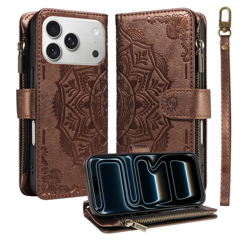 Mandala Embossed 9-Card Zipper RFID Vegan Leather Phone Case with Short Lanyard, For iPhone 18 Pro / 17 Pro, For iPhone 18 Pro Max / 17 Pro Max, For iPhone 17e / 16e, For iPhone 17, For iPhone Air, For iPhone 16 Pro Max, For iPhone 16 Pro              ...