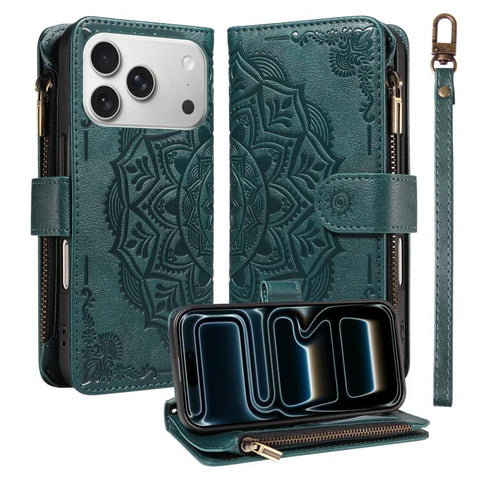 Mandala Embossed 9-Card Zipper RFID Vegan Leather Phone Case with Short Lanyard, For iPhone 18 Pro / 17 Pro, For iPhone 18 Pro Max / 17 Pro Max, For iPhone 17e / 16e, For iPhone 17, For iPhone Air, For iPhone 16 Pro Max, For iPhone 16 Pro              ...