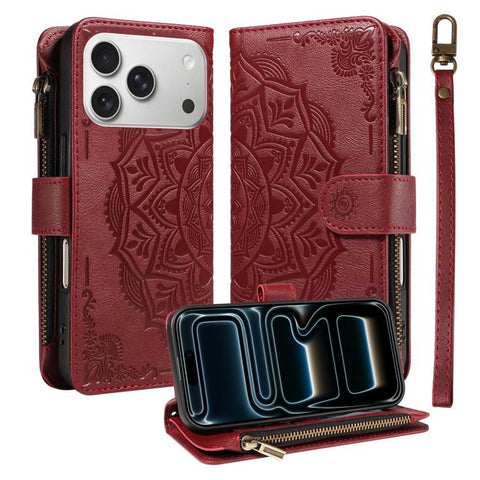 Mandala Embossed 9-Card Zipper RFID Vegan Leather Phone Case with Short Lanyard, For iPhone 18 Pro / 17 Pro, For iPhone 18 Pro Max / 17 Pro Max, For iPhone 17e / 16e, For iPhone 17, For iPhone Air, For iPhone 16 Pro Max, For iPhone 16 Pro              ...