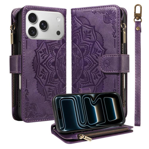 Mandala Embossed 9-Card Zipper RFID Vegan Leather Phone Case with Short Lanyard, For iPhone 18 Pro / 17 Pro, For iPhone 18 Pro Max / 17 Pro Max, For iPhone 17e / 16e, For iPhone 17, For iPhone Air, For iPhone 16 Pro Max, For iPhone 16 Pro              ...