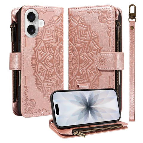 Mandala Embossed 9-Card Zipper RFID Vegan Leather Phone Case with Short Lanyard, For iPhone 18 Pro / 17 Pro, For iPhone 18 Pro Max / 17 Pro Max, For iPhone 17e / 16e, For iPhone 17, For iPhone Air, For iPhone 16 Pro Max, For iPhone 16 Pro              ...