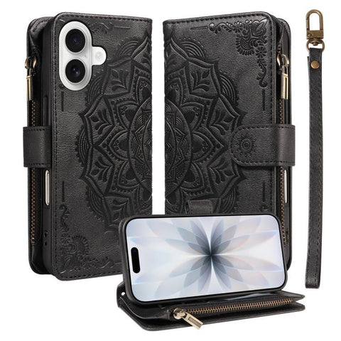 Mandala Embossed 9-Card Zipper RFID Vegan Leather Phone Case with Short Lanyard, For iPhone 18 Pro / 17 Pro, For iPhone 18 Pro Max / 17 Pro Max, For iPhone 17e / 16e, For iPhone 17, For iPhone Air, For iPhone 16 Pro Max, For iPhone 16 Pro              ...