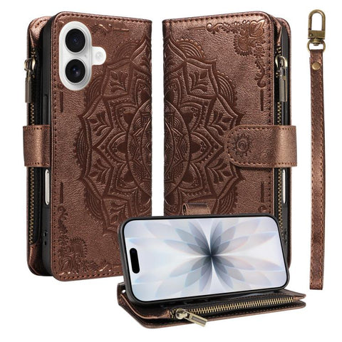 Mandala Embossed 9-Card Zipper RFID Vegan Leather Phone Case with Short Lanyard, For iPhone 18 Pro / 17 Pro, For iPhone 18 Pro Max / 17 Pro Max, For iPhone 17e / 16e, For iPhone 17, For iPhone Air, For iPhone 16 Pro Max, For iPhone 16 Pro              ...