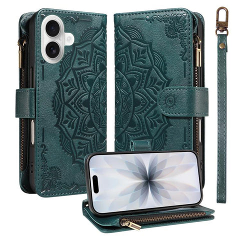 Mandala Embossed 9-Card Zipper RFID Vegan Leather Phone Case with Short Lanyard, For iPhone 18 Pro / 17 Pro, For iPhone 18 Pro Max / 17 Pro Max, For iPhone 17e / 16e, For iPhone 17, For iPhone Air, For iPhone 16 Pro Max, For iPhone 16 Pro              ...