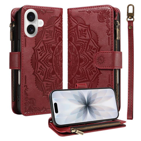 Mandala Embossed 9-Card Zipper RFID Vegan Leather Phone Case with Short Lanyard, For iPhone 18 Pro / 17 Pro, For iPhone 18 Pro Max / 17 Pro Max, For iPhone 17e / 16e, For iPhone 17, For iPhone Air, For iPhone 16 Pro Max, For iPhone 16 Pro              ...