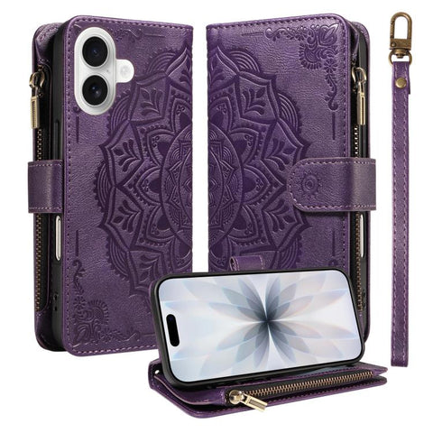 Mandala Embossed 9-Card Zipper RFID Vegan Leather Phone Case with Short Lanyard, For iPhone 18 Pro / 17 Pro, For iPhone 18 Pro Max / 17 Pro Max, For iPhone 17e / 16e, For iPhone 17, For iPhone Air, For iPhone 16 Pro Max, For iPhone 16 Pro              ...