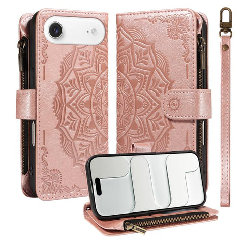 Mandala Embossed 9-Card Zipper RFID Vegan Leather Phone Case with Short Lanyard, For iPhone 18 Pro / 17 Pro, For iPhone 18 Pro Max / 17 Pro Max, For iPhone 17e / 16e, For iPhone 17, For iPhone Air, For iPhone 16 Pro Max, For iPhone 16 Pro              ...