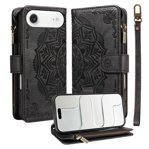 Mandala Embossed 9-Card Zipper RFID Vegan Leather Phone Case with Short Lanyard, For iPhone 18 Pro / 17 Pro, For iPhone 18 Pro Max / 17 Pro Max, For iPhone 17e / 16e, For iPhone 17, For iPhone Air, For iPhone 16 Pro Max, For iPhone 16 Pro              ...