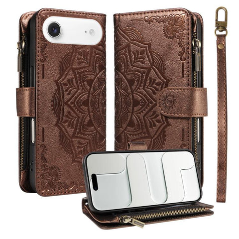 Mandala Embossed 9-Card Zipper RFID Vegan Leather Phone Case with Short Lanyard, For iPhone 18 Pro / 17 Pro, For iPhone 18 Pro Max / 17 Pro Max, For iPhone 17e / 16e, For iPhone 17, For iPhone Air, For iPhone 16 Pro Max, For iPhone 16 Pro              ...