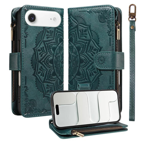 Mandala Embossed 9-Card Zipper RFID Vegan Leather Phone Case with Short Lanyard, For iPhone 18 Pro / 17 Pro, For iPhone 18 Pro Max / 17 Pro Max, For iPhone 17e / 16e, For iPhone 17, For iPhone Air, For iPhone 16 Pro Max, For iPhone 16 Pro              ...