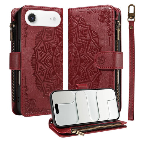 Mandala Embossed 9-Card Zipper RFID Vegan Leather Phone Case with Short Lanyard, For iPhone 18 Pro / 17 Pro, For iPhone 18 Pro Max / 17 Pro Max, For iPhone 17e / 16e, For iPhone 17, For iPhone Air, For iPhone 16 Pro Max, For iPhone 16 Pro              ...