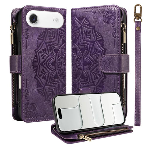 Mandala Embossed 9-Card Zipper RFID Vegan Leather Phone Case with Short Lanyard, For iPhone 18 Pro / 17 Pro, For iPhone 18 Pro Max / 17 Pro Max, For iPhone 17e / 16e, For iPhone 17, For iPhone Air, For iPhone 16 Pro Max, For iPhone 16 Pro              ...