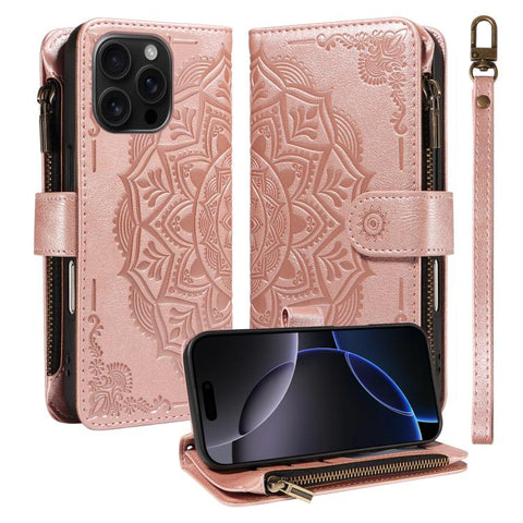 Mandala Embossed 9-Card Zipper RFID Vegan Leather Phone Case with Short Lanyard, For iPhone 18 Pro / 17 Pro, For iPhone 18 Pro Max / 17 Pro Max, For iPhone 17e / 16e, For iPhone 17, For iPhone Air, For iPhone 16 Pro Max, For iPhone 16 Pro              ...