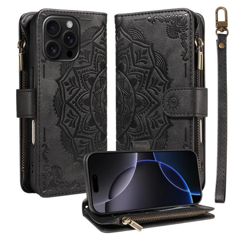 Mandala Embossed 9-Card Zipper RFID Vegan Leather Phone Case with Short Lanyard, For iPhone 18 Pro / 17 Pro, For iPhone 18 Pro Max / 17 Pro Max, For iPhone 17e / 16e, For iPhone 17, For iPhone Air, For iPhone 16 Pro Max, For iPhone 16 Pro              ...