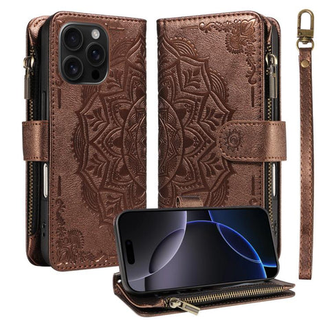 Mandala Embossed 9-Card Zipper RFID Vegan Leather Phone Case with Short Lanyard, For iPhone 18 Pro / 17 Pro, For iPhone 18 Pro Max / 17 Pro Max, For iPhone 17e / 16e, For iPhone 17, For iPhone Air, For iPhone 16 Pro Max, For iPhone 16 Pro              ...
