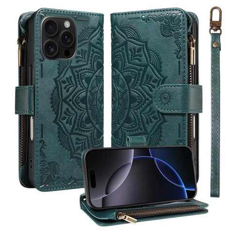 Mandala Embossed 9-Card Zipper RFID Vegan Leather Phone Case with Short Lanyard, For iPhone 18 Pro / 17 Pro, For iPhone 18 Pro Max / 17 Pro Max, For iPhone 17e / 16e, For iPhone 17, For iPhone Air, For iPhone 16 Pro Max, For iPhone 16 Pro              ...