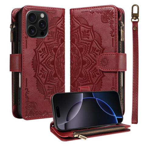 Mandala Embossed 9-Card Zipper RFID Vegan Leather Phone Case with Short Lanyard, For iPhone 18 Pro / 17 Pro, For iPhone 18 Pro Max / 17 Pro Max, For iPhone 17e / 16e, For iPhone 17, For iPhone Air, For iPhone 16 Pro Max, For iPhone 16 Pro              ...