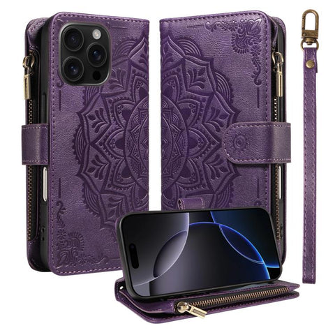 Mandala Embossed 9-Card Zipper RFID Vegan Leather Phone Case with Short Lanyard, For iPhone 18 Pro / 17 Pro, For iPhone 18 Pro Max / 17 Pro Max, For iPhone 17e / 16e, For iPhone 17, For iPhone Air, For iPhone 16 Pro Max, For iPhone 16 Pro              ...