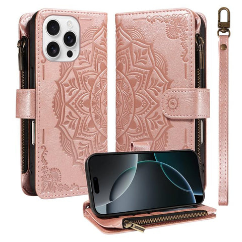 Mandala Embossed 9-Card Zipper RFID Vegan Leather Phone Case with Short Lanyard, For iPhone 18 Pro / 17 Pro, For iPhone 18 Pro Max / 17 Pro Max, For iPhone 17e / 16e, For iPhone 17, For iPhone Air, For iPhone 16 Pro Max, For iPhone 16 Pro              ...
