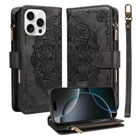 Mandala Embossed 9-Card Zipper RFID Vegan Leather Phone Case with Short Lanyard, For iPhone 18 Pro / 17 Pro, For iPhone 18 Pro Max / 17 Pro Max, For iPhone 17e / 16e, For iPhone 17, For iPhone Air, For iPhone 16 Pro Max, For iPhone 16 Pro              ...
