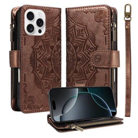 Mandala Embossed 9-Card Zipper RFID Vegan Leather Phone Case with Short Lanyard, For iPhone 18 Pro / 17 Pro, For iPhone 18 Pro Max / 17 Pro Max, For iPhone 17e / 16e, For iPhone 17, For iPhone Air, For iPhone 16 Pro Max, For iPhone 16 Pro              ...