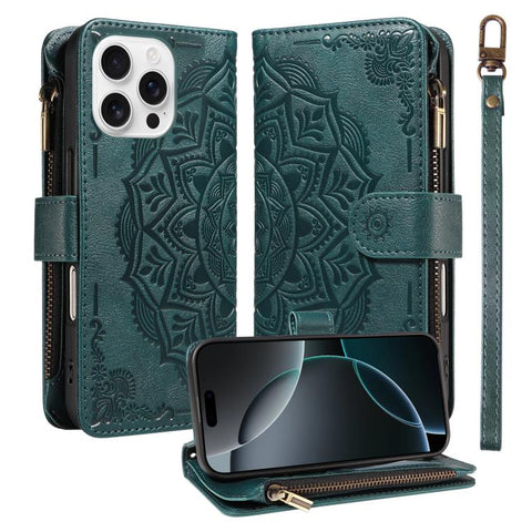 Mandala Embossed 9-Card Zipper RFID Vegan Leather Phone Case with Short Lanyard, For iPhone 18 Pro / 17 Pro, For iPhone 18 Pro Max / 17 Pro Max, For iPhone 17e / 16e, For iPhone 17, For iPhone Air, For iPhone 16 Pro Max, For iPhone 16 Pro              ...