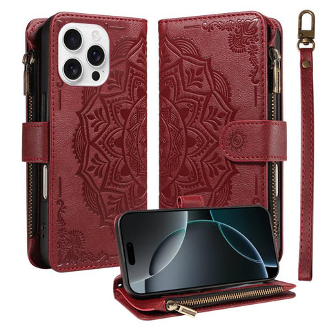 Mandala Embossed 9-Card Zipper RFID Vegan Leather Phone Case with Short Lanyard, For iPhone 18 Pro / 17 Pro, For iPhone 18 Pro Max / 17 Pro Max, For iPhone 17e / 16e, For iPhone 17, For iPhone Air, For iPhone 16 Pro Max, For iPhone 16 Pro              ...