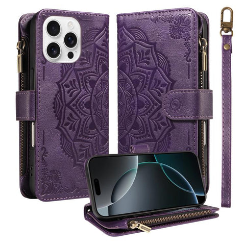 Mandala Embossed 9-Card Zipper RFID Vegan Leather Phone Case with Short Lanyard, For iPhone 18 Pro / 17 Pro, For iPhone 18 Pro Max / 17 Pro Max, For iPhone 17e / 16e, For iPhone 17, For iPhone Air, For iPhone 16 Pro Max, For iPhone 16 Pro              ...