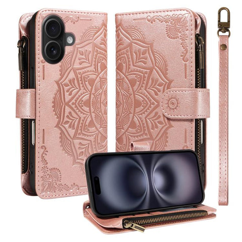 Mandala Embossed 9-Card Zipper RFID Vegan Leather Phone Case with Short Lanyard, For iPhone 18 Pro / 17 Pro, For iPhone 18 Pro Max / 17 Pro Max, For iPhone 17e / 16e, For iPhone 17, For iPhone Air, For iPhone 16 Pro Max, For iPhone 16 Pro              ...